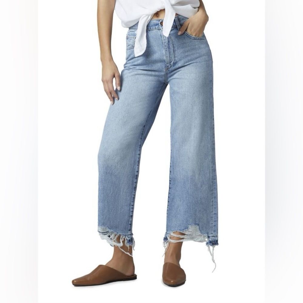 DL1961 Light Blue High-Rise Wide Leg Jeans with Frayed Hem